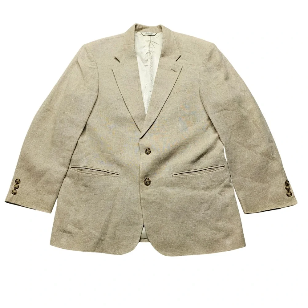AKA Eddie Bauer Mens 38R Linen Blazer Tan Oatmeal 2 Button Sport Coat Regular